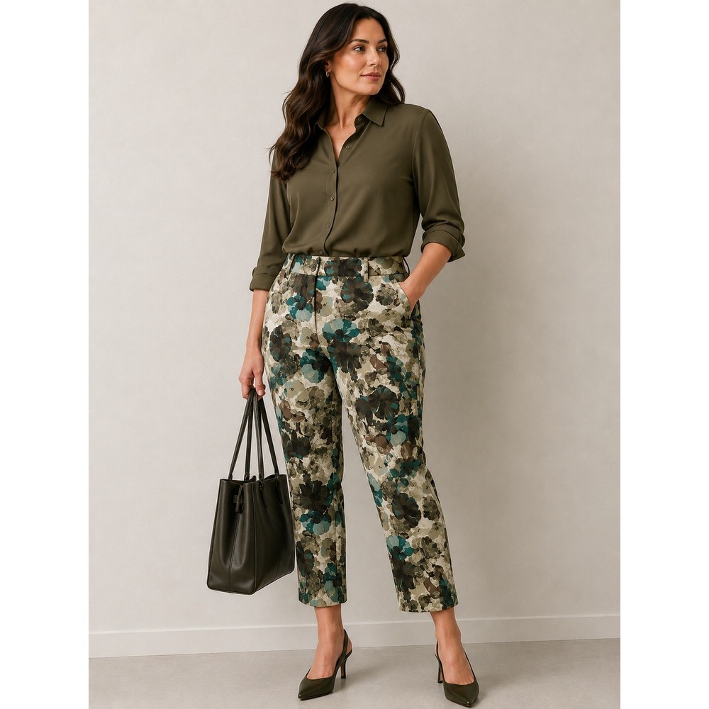 Larry Levine Woman 16W Watercolor Floral Ankle Pants Teal Olive Stretch